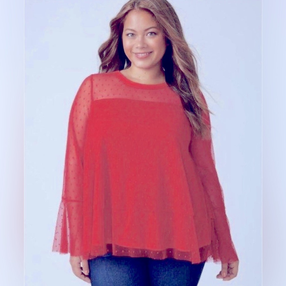 Lane Bryant Mesh Sheer Top 4X Red Relaxed Bell Sleeve Ruffle Feminine Career